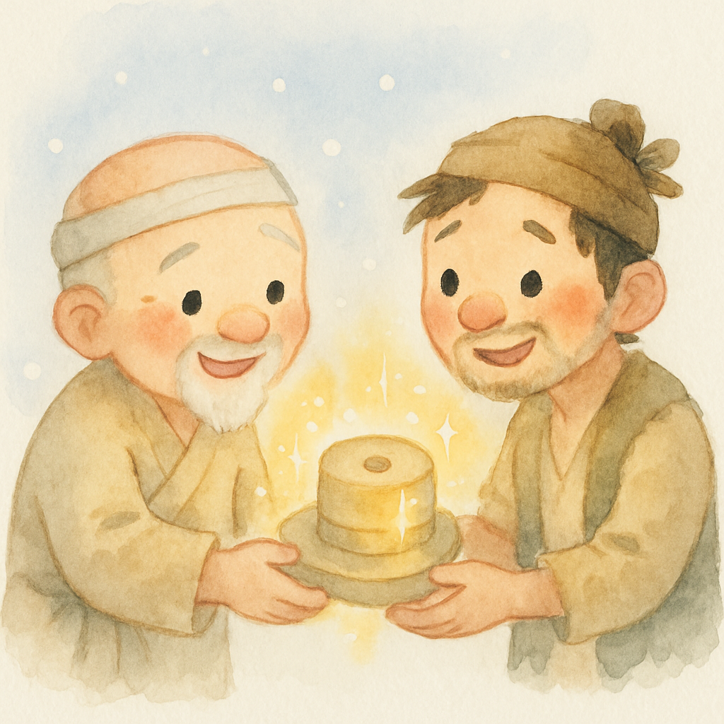 할아버지가 반짝이는 작은 요술 맷돌을 가난한 형에게 건네주는 마법같은 순간